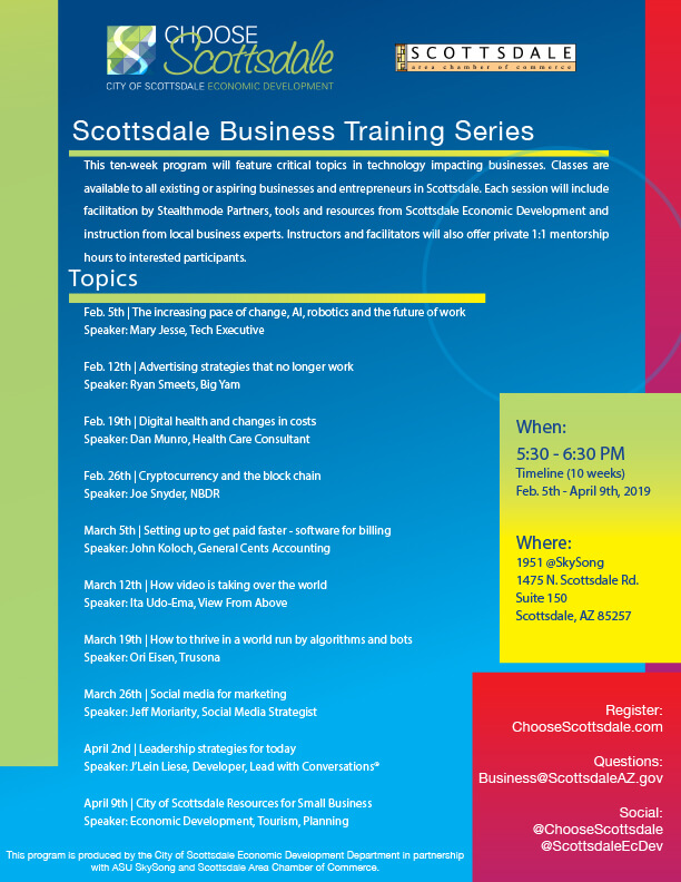 Scottsdale business series 2019 flyer that list each of the classes