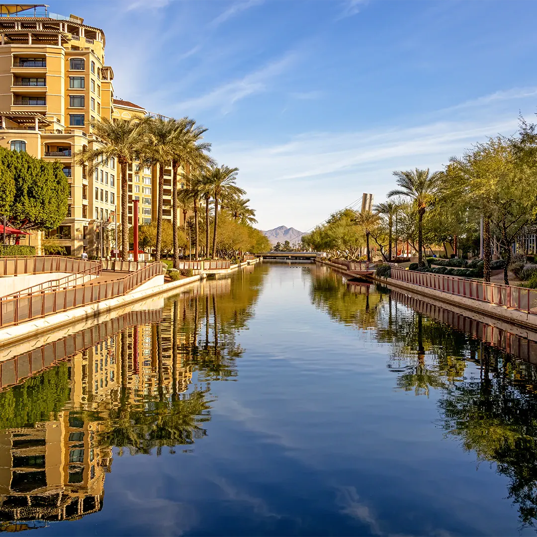 Waterfront Canal with condo building reflection on the water
